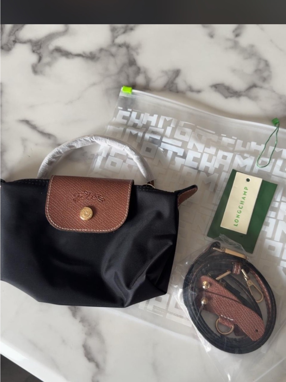Longchamp Black Mini Top-Handle Bag with Brown Leather Trim